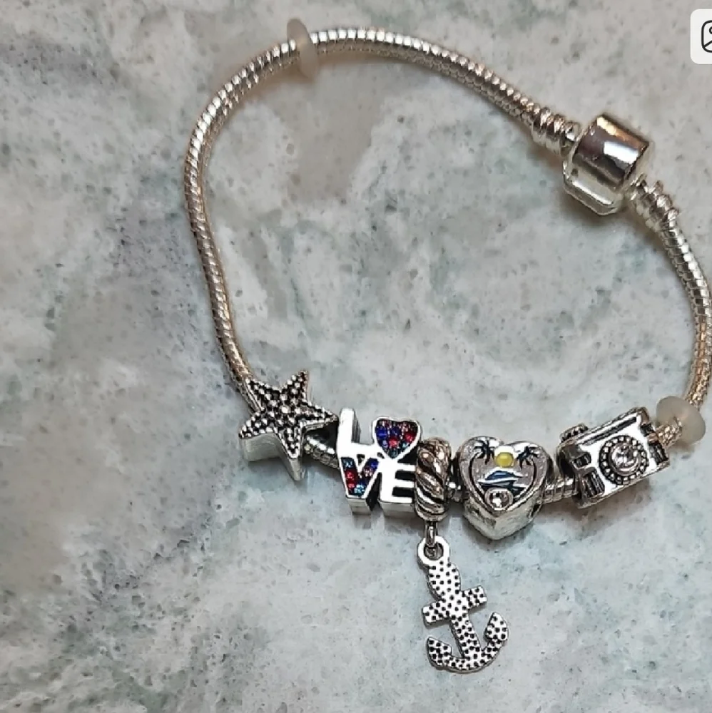 Silver Charm Bracelet with Nautical and Love Charms
